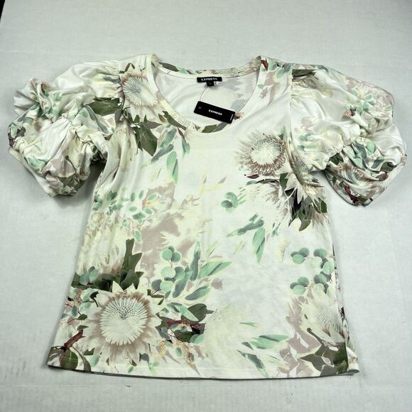 Express Floral Puff Sleeve Blouse NWT Cottagecore Ruched Statement Top MEDIUM - Picture 1 of 10